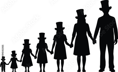 Silhouette figures, family growth, generational progression, top hat people, life stages, unity line, child to adult, symbolic artwork, black illustration, flavector
