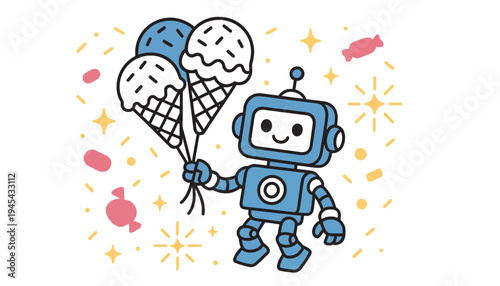 A blue robot holding colorful ice cream cones and candies illustration