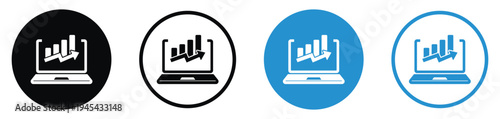 Data analysis and business statistics icon on a laptop monitor. Features bar charts and growth graphs in various circular badge styles. Perfect for SEO, finance, and marketing reports.