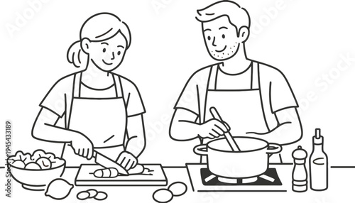 A couple cooking together in the kitchen with vegetables and utensils