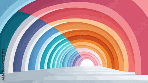 Vibrant rainbow tunnel with colorful abstract arches leading to a bright white background creating a sense of depth and perspective