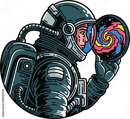 Astronaut Gazing into Cosmic Galaxy Reflection.