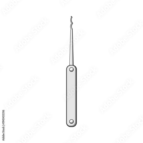 Handheld lock pick with a curved tip on white background, evoking unauthorized access, security breach, stealthy bypass and the delicate skill of manipulating locks and mechanisms