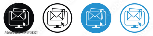 Vector set of email notification icons on a computer screen with a cursor. Features solid and outline styles in black and blue circles. Perfect for digital communication and inbox concepts.