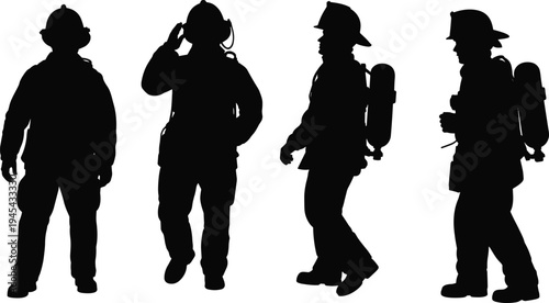 Professional firefighter silhouette collection, emergency rescue team icons, brave firemen in protective gear, fire department vector design