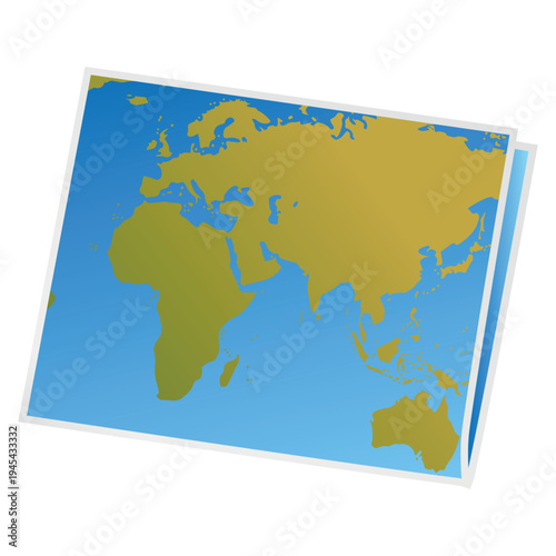 World map illustration showing continents Africa Asia Europe and Oceania gold landmasses on blue ocean background poster