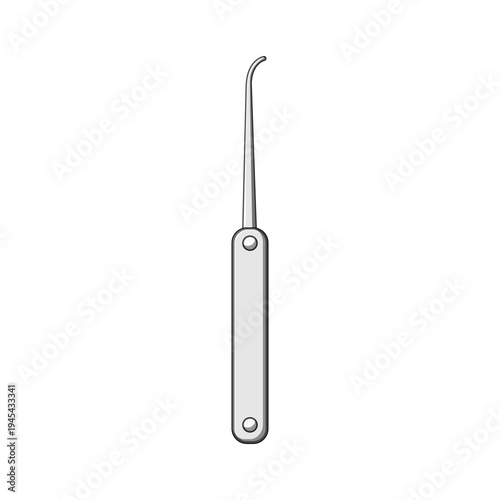 Foldable hook style lockpick with steel handle isolated on white, illustrating locksmith tools, lock bypass techniques, security testing and unauthorized entry concepts