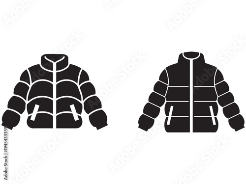 Blackpufferjacketsilhouetteswithzipperandpocketsisolatedonwhitebackground