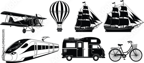Transportation silhouettes, vintage biplane, hot air balloon, sailing ships, high speed train, camper van, bicycle basket, travel modes, black illustration, flavector