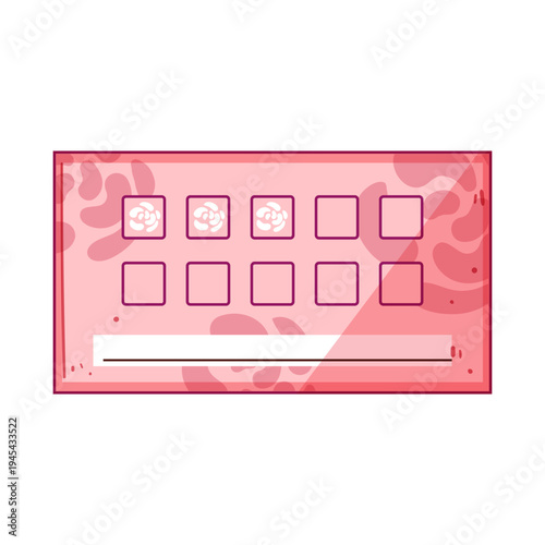Pink loyalty card illustration featuring ten squares for stamps or punches, with three squares already filled, symbolizing customer rewarding and marketing programs