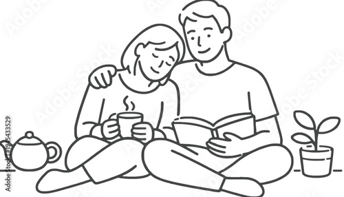 Couple vector illustration sitting together with tea and a book