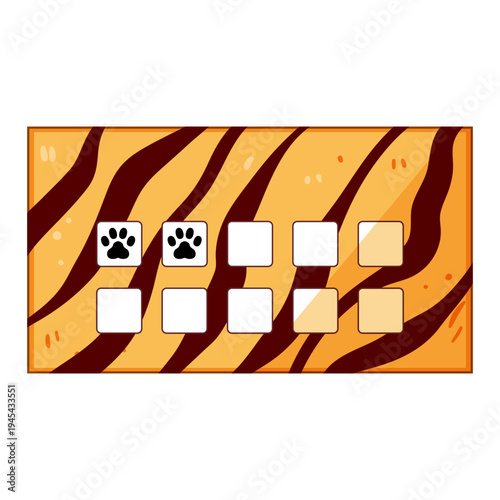 Animal themed punch card featuring a tiger stripe pattern and filled paw print stamps, representing customer loyalty programs and exclusive rewards for frequent buyers at pet related businesses