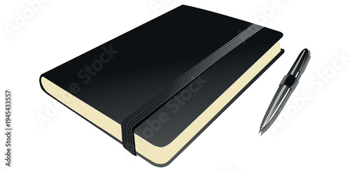Elegant black classic hardcover notebook with elastic closure strap and ballpoint pen for writing and journal notes now