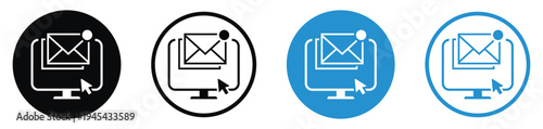 Vector set of email notification icons on a computer screen with a cursor. Features solid and outline styles in black and blue circles. Perfect for digital communication and inbox concepts.