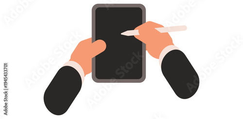 Professional hands holding a digital tablet and drawing with a stylus pen in a flat vector illustration style for design