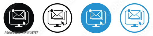 Vector set of email notification icons on a computer screen with a cursor. Features solid and outline styles in black and blue circles. Perfect for digital communication and inbox concepts.