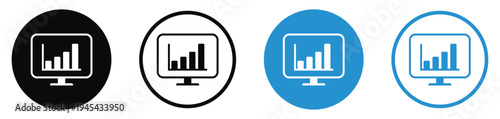 Business analytics icons showing a bar chart on a monitor screen. Professional flat design in black and blue circular badges. Perfect for financial reports and data visualization concepts.