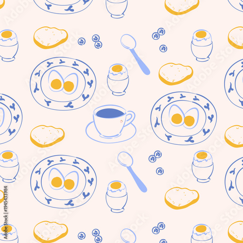 Breakfast food seamless pattern. Hand drawn boiled eggs on a plate, coffee, bread for cafe menu, packaging and food design.