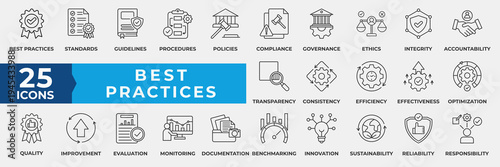 Best practices icon set collection. Containing standards, guideline, quality, efficiency, process, excellence, optimize, improve, policy, procedure, performance. Simple Line Vector Illustration.
