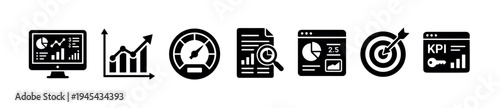 Set of black glyph icons representing Key Performance Indicators, including a dashboard, growth chart, speedometer, report analysis, goal target, and data metric symbols for business