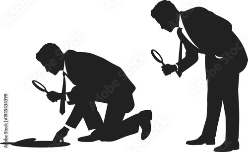Businessman with magnifying glass silhouette collection, professional investigator searching for clues, marketing research and analysis vector design