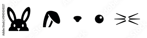 Black rabbit face constructor kit icons showing a head, ear, nose, eye, and whiskers in a minimalist graphic style for creating a cute animal character