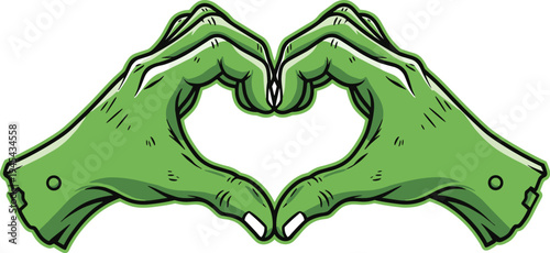 Zombie hands forming heart shape, green monster fingers, spooky love illustration, creepy affection artwork, Halloween romance design, horror themed vector
