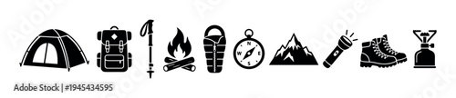 Collection of black camping and hiking equipment icons including a tent, backpack, pole, campfire, sleeping bag, compass, mountain, flashlight, and boots, in a minimalist glyph style