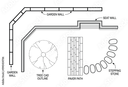 Landscape architecture symbols for garden walls, paver paths, stepping stones, and tree outlines
