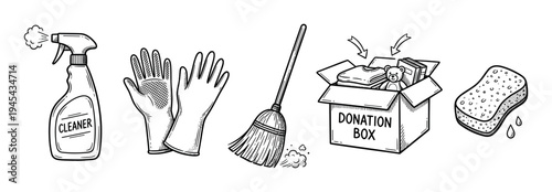 Hand-drawn set of cleaning and donation items in a black and white sketch style, featuring a spray bottle, gloves, broom, sponge, and a charity box with toys