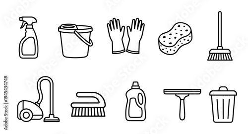 Cleaning supplies and equipment icon set with a spray bottle, bucket, gloves, sponge, broom, vacuum, brush, detergent, squeegee, and trash can in a simple line art style