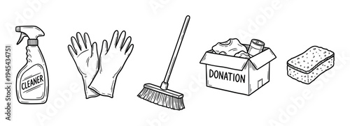 Hand-drawn sketch illustration set of cleaning supplies and a charity donation box, featuring a cleaner spray, rubber gloves, a broom, and a sponge in a simple doodle style