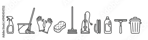 Set of cleaning service line icons featuring a mop, bucket, gloves, vacuum, broom, and detergent for housekeeping and janitorial tasks in a minimalist black and white vector style