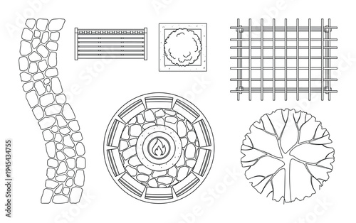 Landscape design plan elements with stone path fire pit tree and garden bench top view