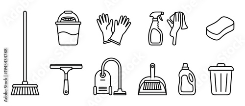 Set of black line art cleaning icons featuring a broom, bucket, gloves, spray bottle, and vacuum cleaner for household chores and domestic hygiene in a simple minimalist outline style