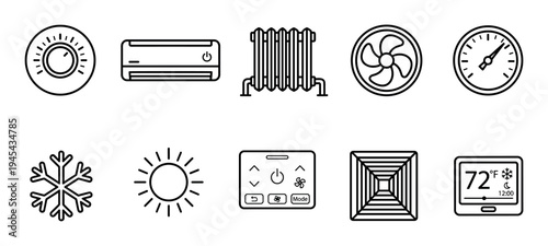 Collection of black line art icons representing heating, ventilation, and air conditioning systems, including a thermostat, radiator, fan, and climate control symbols for temperature regulation