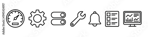 Black linear icon set for a user interface control panel featuring a gauge, cog, switch, tool, notification bell, task list, and data analytics graph on a monitor