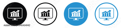 Business analytics icons showing a bar chart on a monitor screen. Professional flat design in black and blue circular badges. Perfect for financial reports and data visualization concepts.