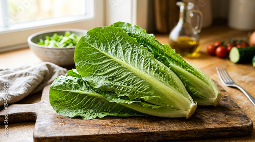 Fresh green romaine lettuce hearts on wooden cutting board in kitchen setting