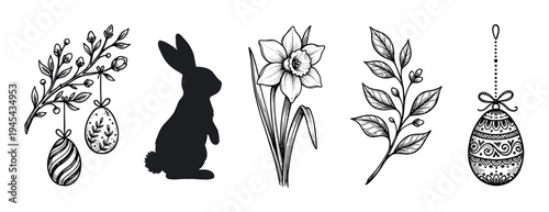 Hand-drawn Easter holiday illustration set with a rabbit silhouette, decorated eggs, daffodil flower, and spring branches in a black and white vintage ink sketch style