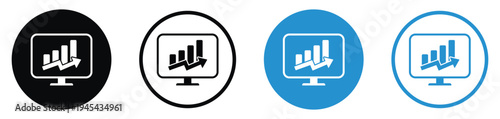 Business analytics icons showing a bar chart on a monitor screen. Professional flat design in black and blue circular badges. Perfect for financial reports and data visualization concepts.