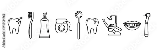 Dental care and dentistry line art icons featuring a healthy tooth, caries, toothbrush, toothpaste, floss, mirror, dentist chair, and drill in a minimalist graphic set