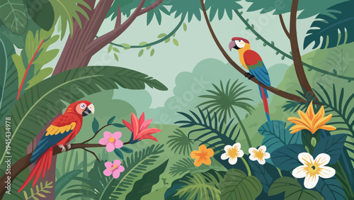 Vibrant jungle scene with two colorful parrots perched on branches surrounded by lush greenery and exotic flowers in a tropical