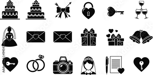 Large Set of Black Wedding Silhouettes Including Bride Icons Tiered Cakes Engagement Rings Love Letters Gift Boxes and Bells Isolated on White Background for Marriage Design