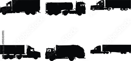 Collection of diverse truck silhouettes including semi-trucks, tankers, and garbage trucks, isolated on a white background for easy use.