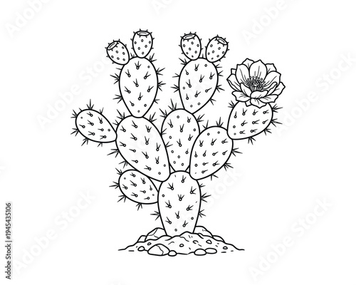 Prickly pear cactus with blooming flower, a succulent plant native to arid desert regions