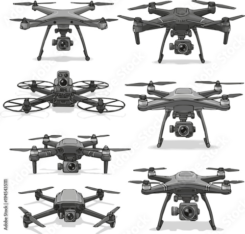 Isolated a realistic kinds of deferent Quadro copter drone with camera vector art with white background.