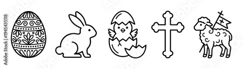 Set of black and white Easter line art icons showing a patterned egg, a bunny rabbit, a hatching chick, a religious cross, and a lamb holding a flag with a cross symbol