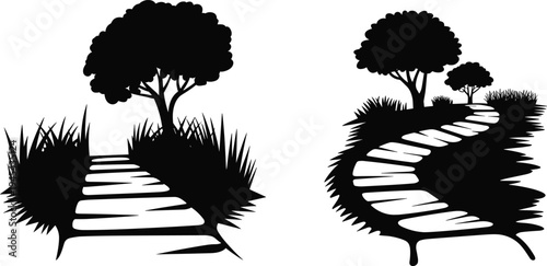 Country road landscape silhouette collection, winding path with trees and grass, rural nature trail, park way vector design