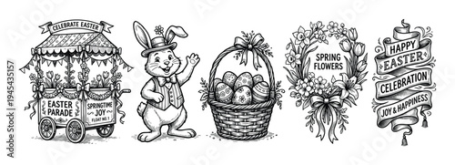 Hand-drawn vintage Easter illustrations set featuring a waving bunny, parade float, egg basket, floral wreath, and festive banners in a retro black and white engraving style